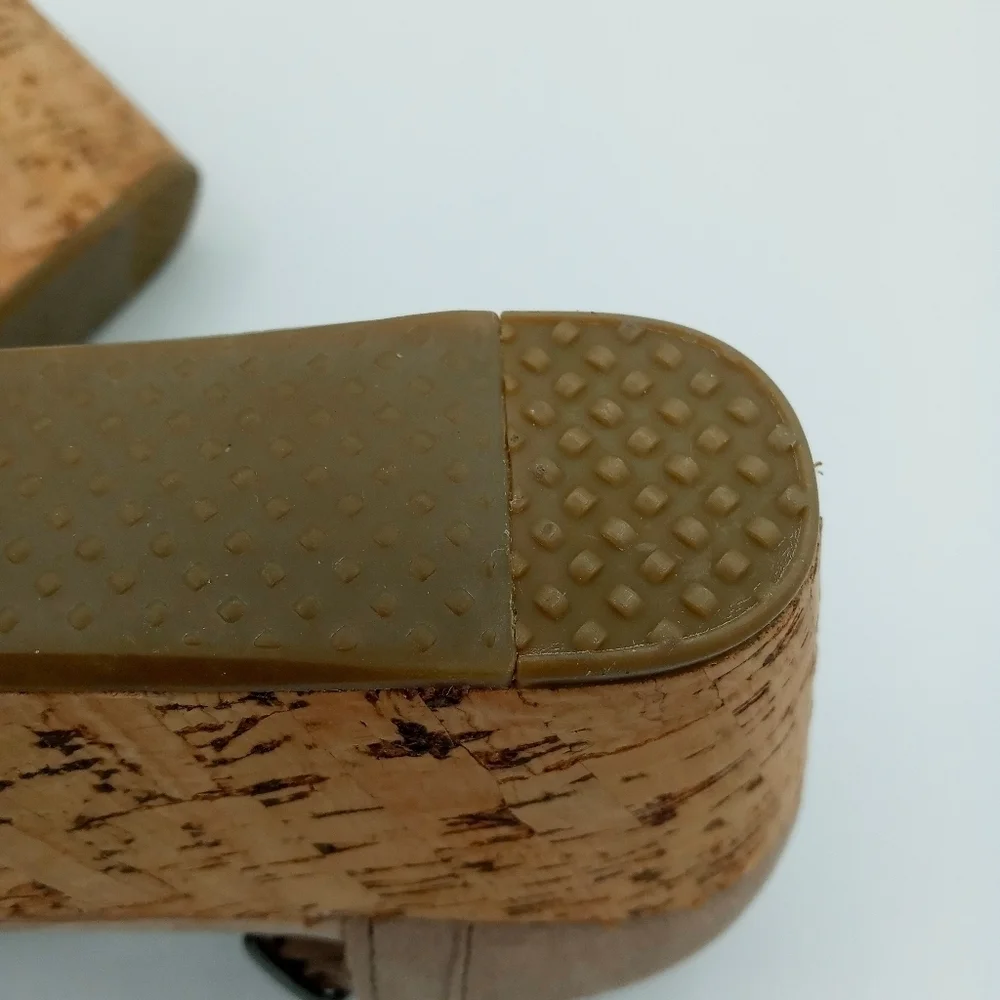 Tom's Stucco Satin Platform Cork Wedge Sandal. Ankle Strap Size 10